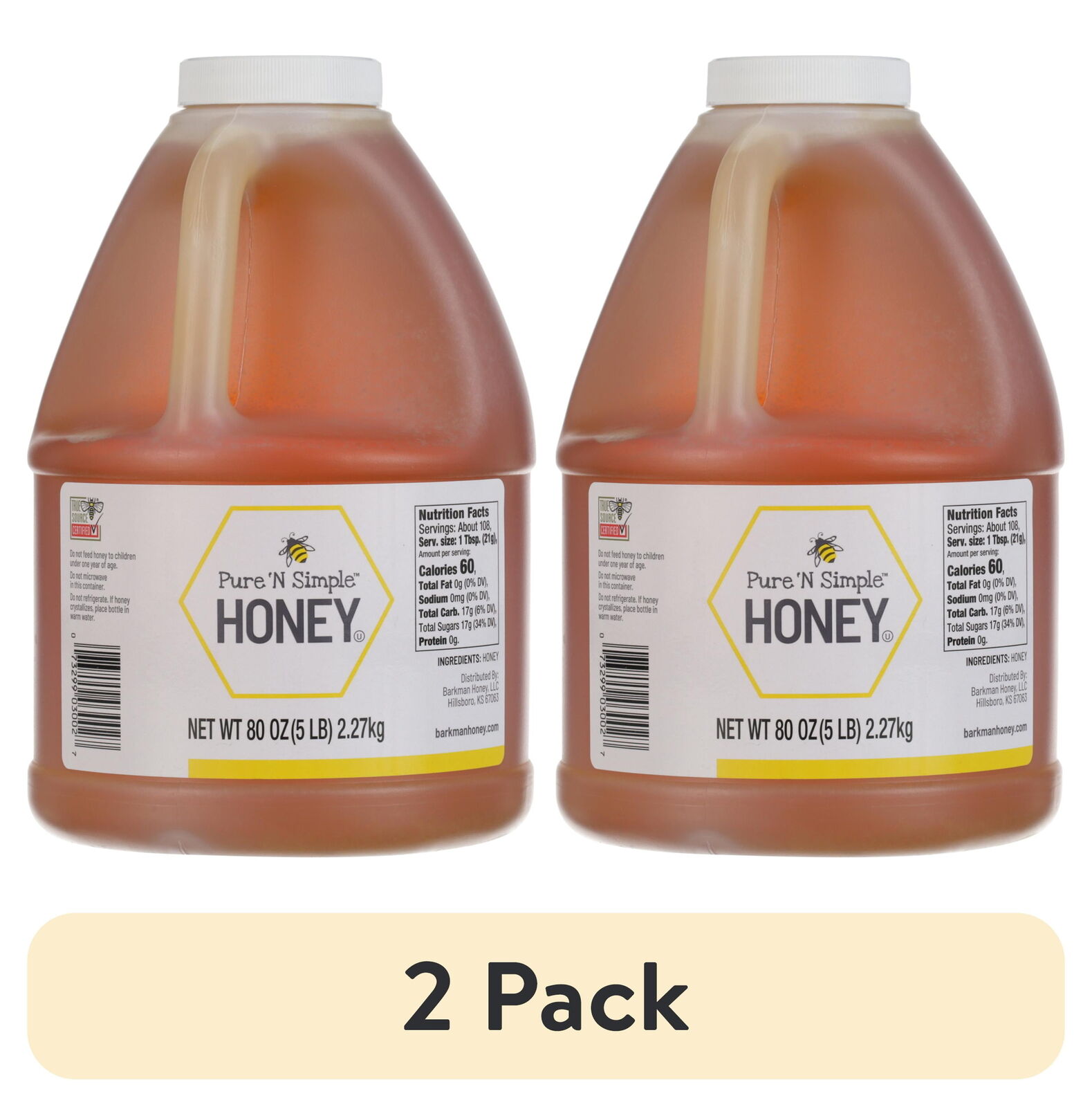 (2 pack) Pure 'N Simple 100% Pure Honey, 80 oz  Plastic Bottle