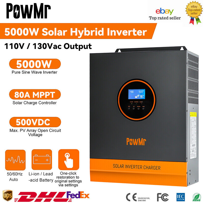 PowMr 5000W Solar Hybrid Inverter 48V DC to 110V AC 80A MPPT Controller PV 500V