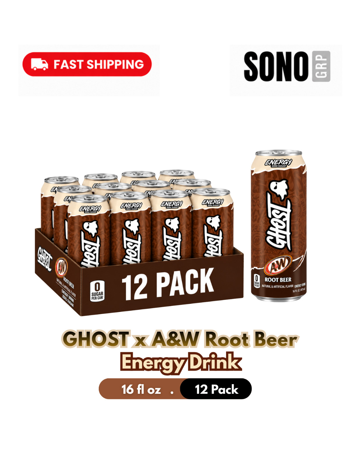 Ghost x A&W Energy Drink, 16 Fl Oz (Pack of 12) Fast Shipping