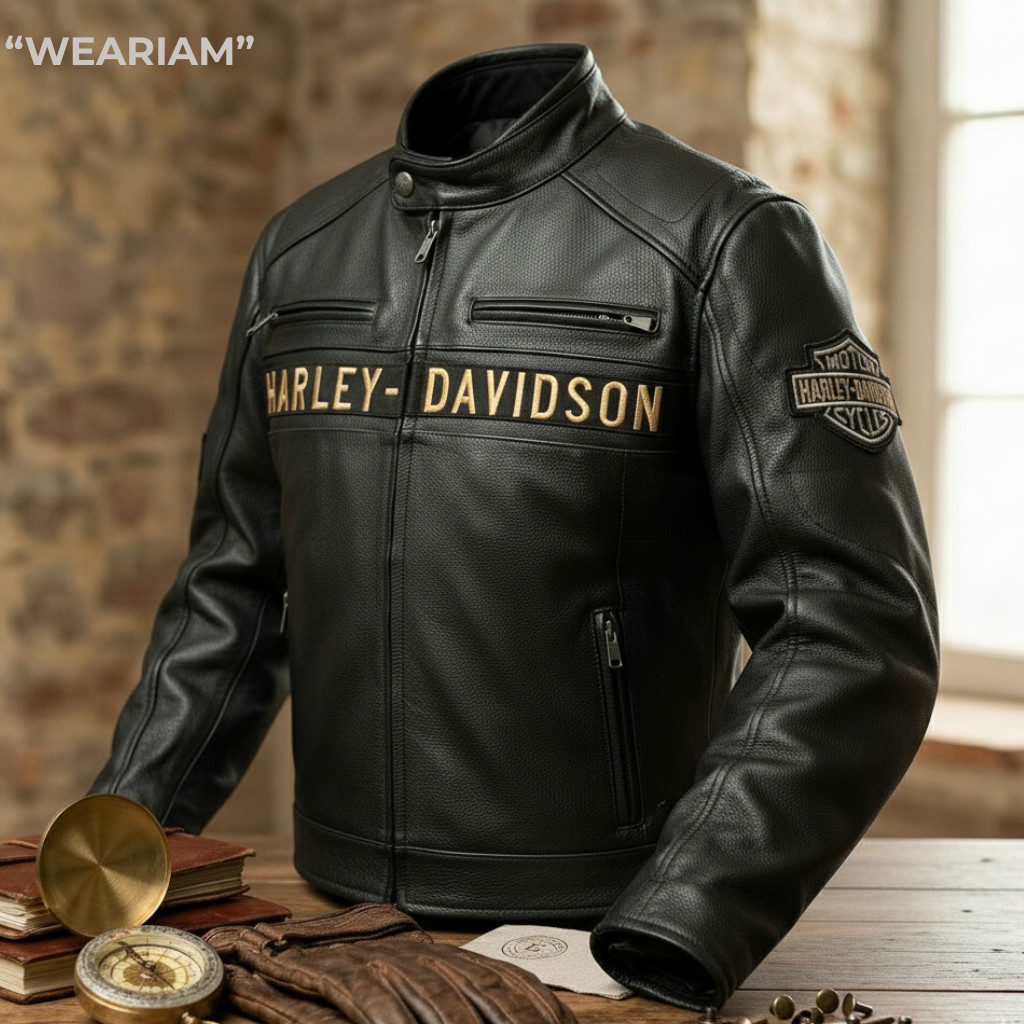 Harley Men\'s Black Biker Jacket - Real Cowhide Leather Motorcycle Jacket