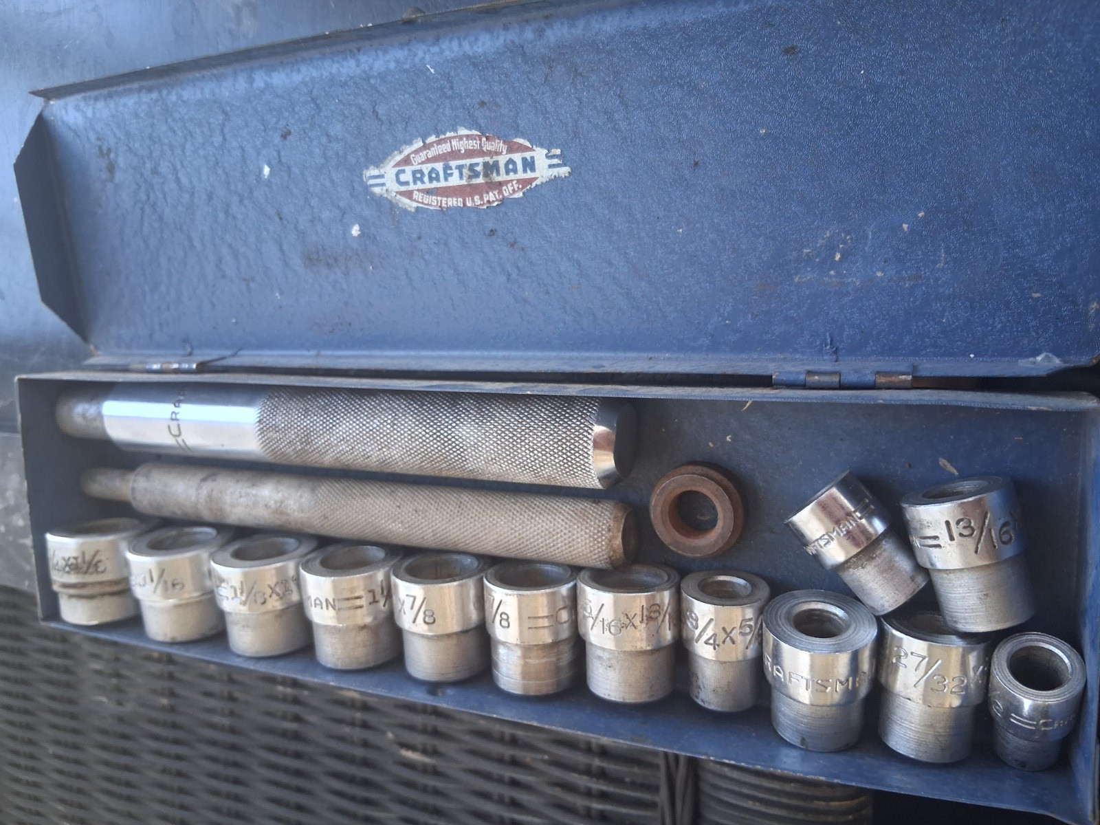 Vintage Craftsman Bushing Driver Set Blue Metal Box 16 Piece Set USA 1 1/4 Vintage Craftsman Bushing Driver Set Blue Metal Box 16 Piece Set USA 1 1/4