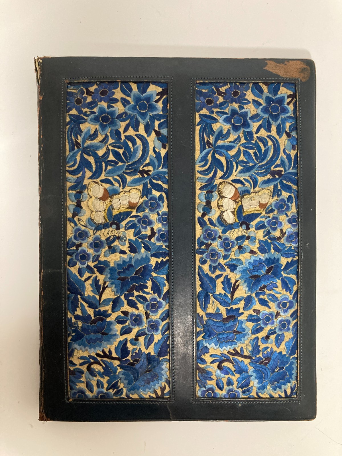 Antique Kashmiri Silk Embroidered Leather Portfolio c1920 Floral India Textile