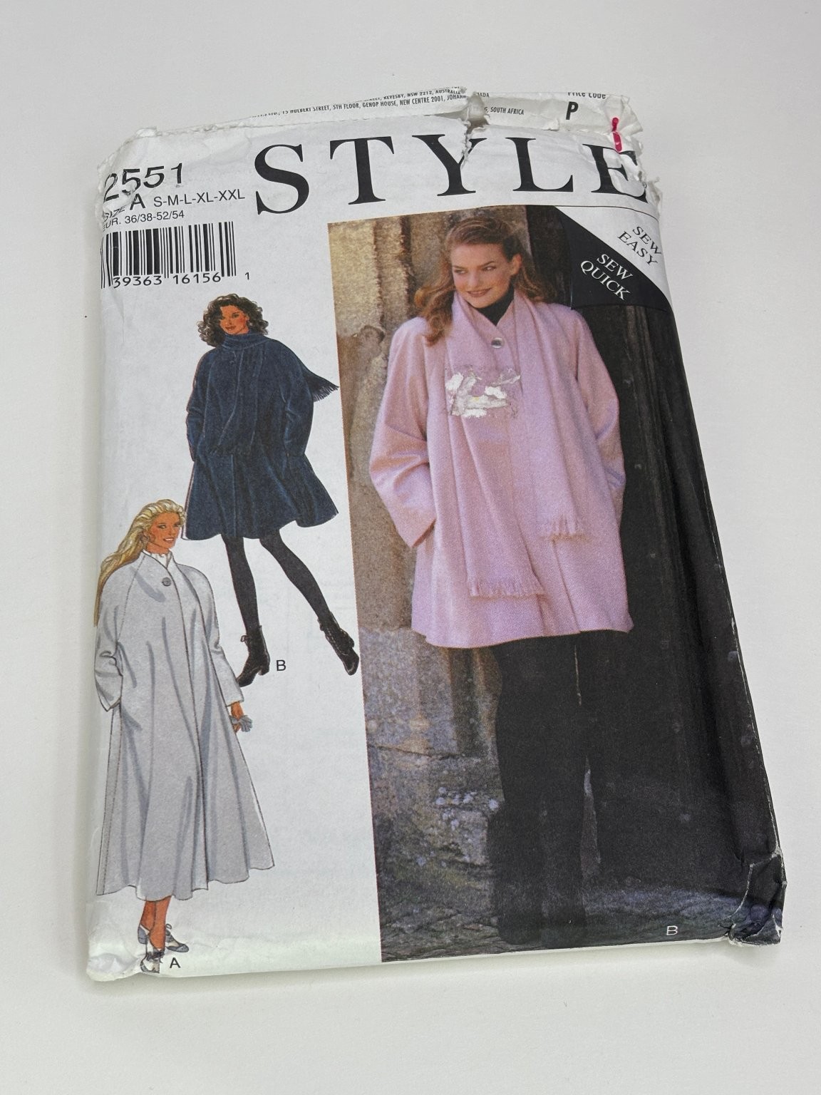 STYLE 2551 Swing Coat Scarf S-XXL 10-28 90s Vintage Sewing Pattern Uncut