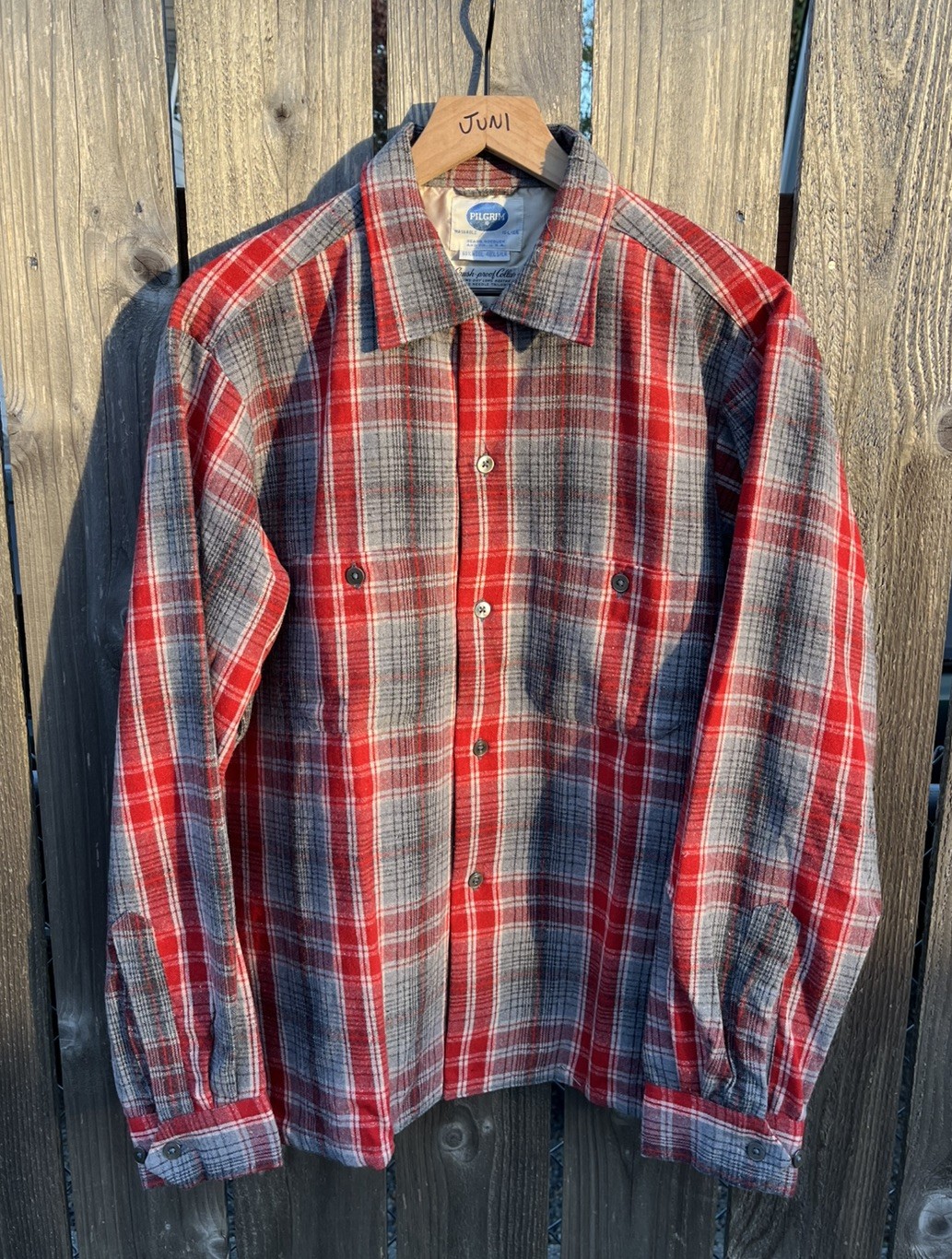 Vtg 50s Pilgrim Mens L Wool Blend Looped Collar Button Shirt Jacket Plaid USA Vtg 50s Pilgrim Mens L Wool Blend Looped Collar Button Shirt Jacket Plaid USA