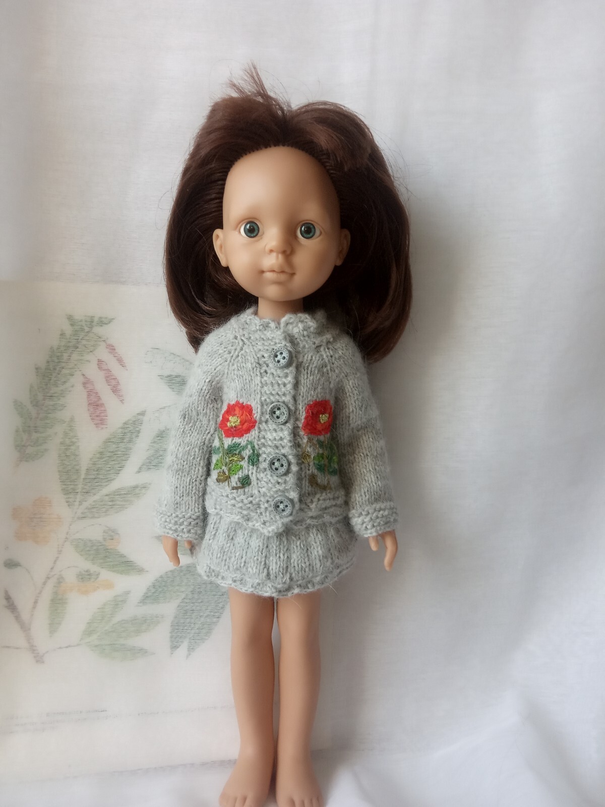 Grey Knit set Cardigan with poppy and skirt for 13 inch doll Paola Reina