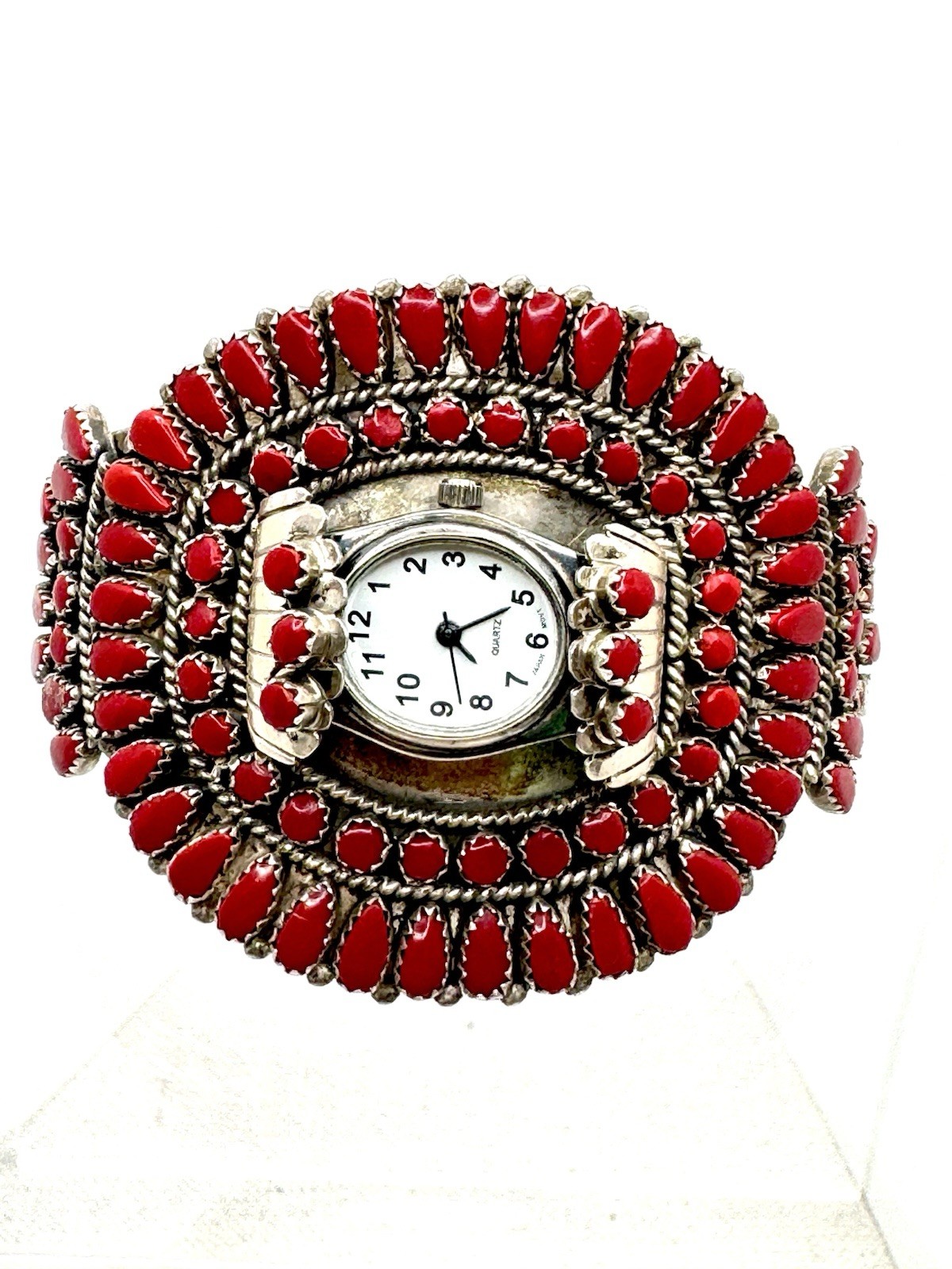 Zuni Red Coral Cluster Silver Watch Cuff 88 Stone Vintage 1950s 1960s 59.4g