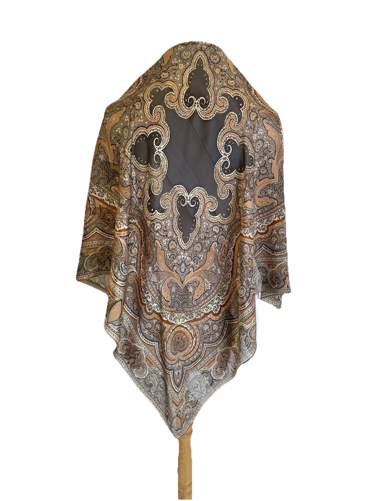 AS16# Vintage Ornate Paisley Scarf Square Brown Beige Earth Tone Boho Wrap Shawl