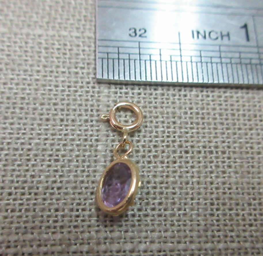 14k Solid Yellow Gold Framed Amethyst Charm with 14k 5mm Spring Clasp 0.38Grams