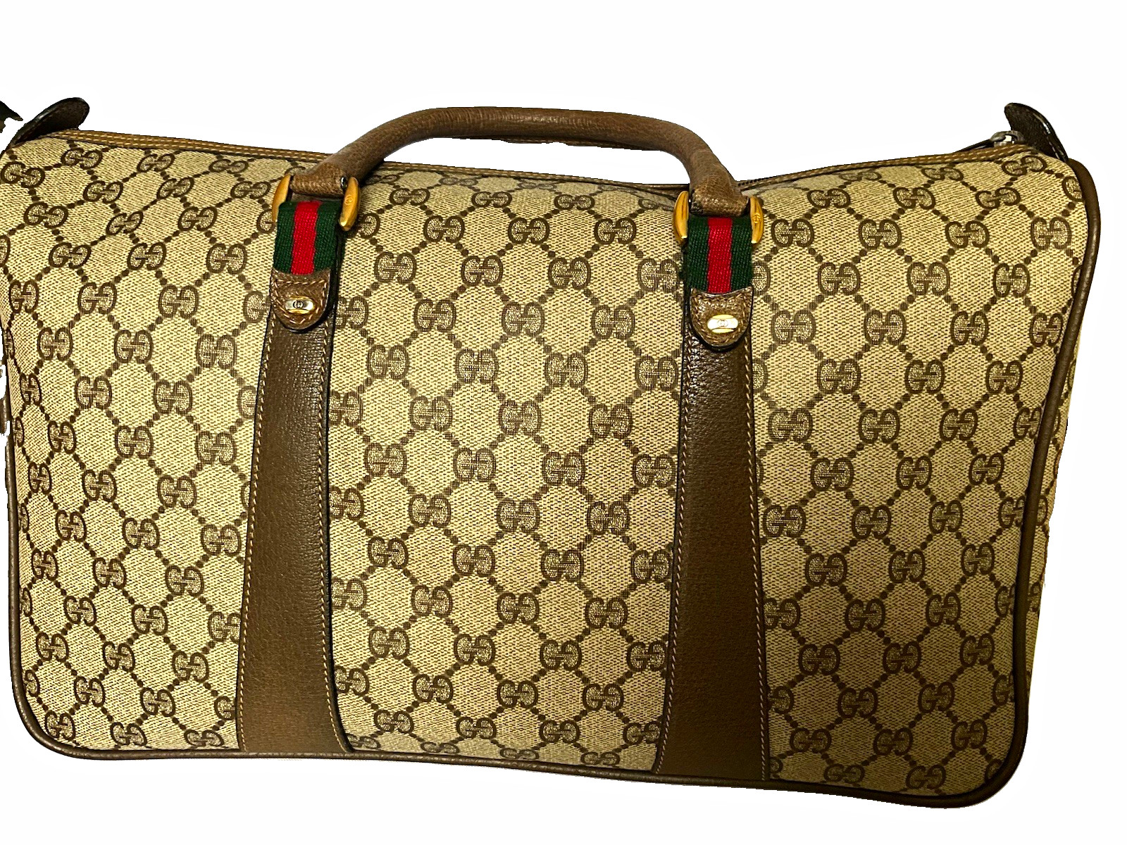 Vintage Gucci Web Supreme Monogram Medium Boston Duffel Bag Brown Canvas Travel.