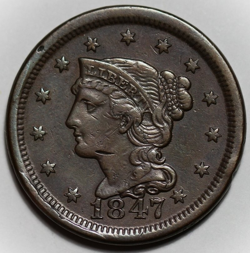 1847/47 Braided Hair Liberty Head Large Cent (N-18) - US 1c Copper Coin