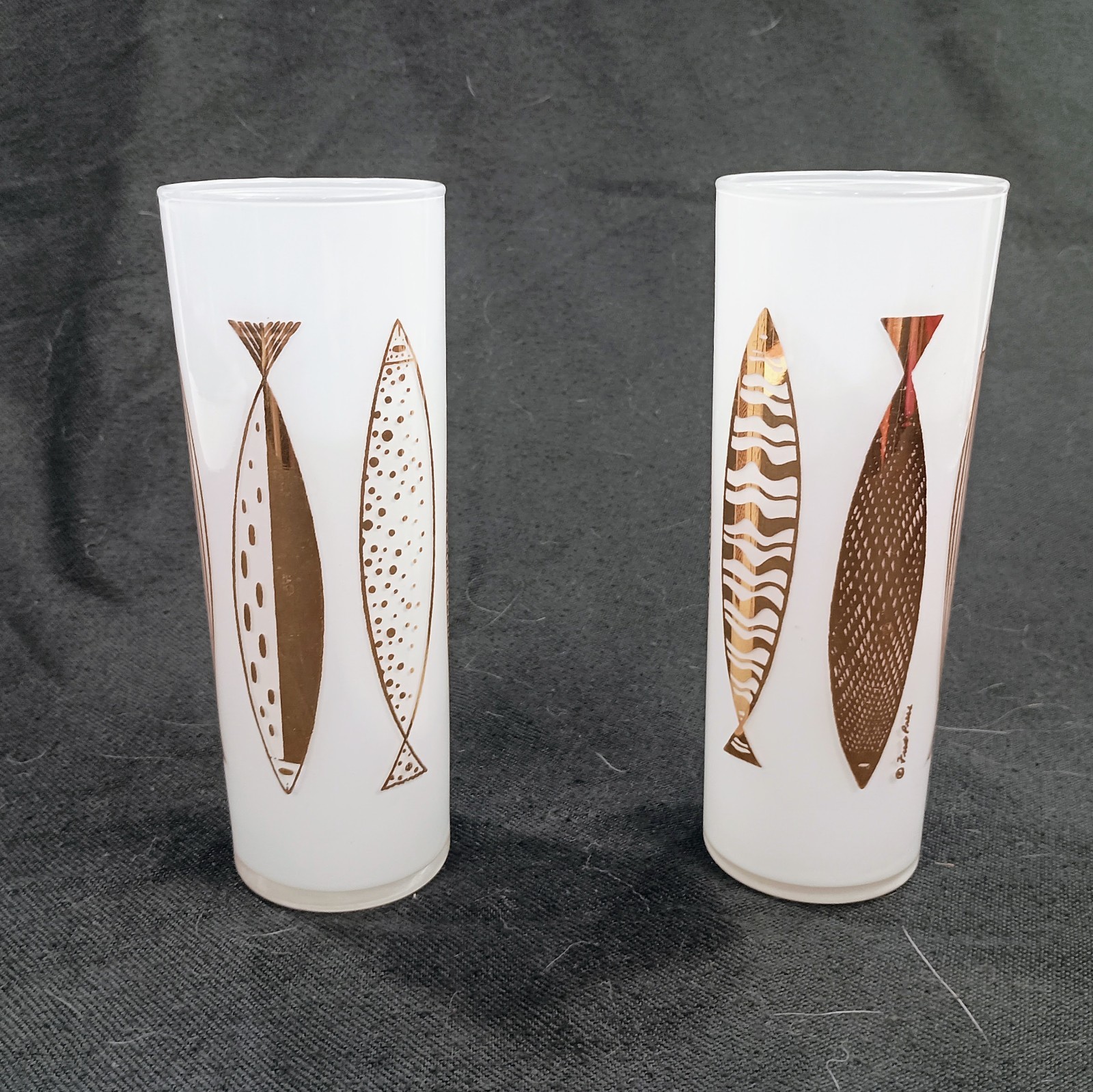 Vintage Fred Press Gold Fish Glasses White Cased 22K Gold MCM Barware Set of 2