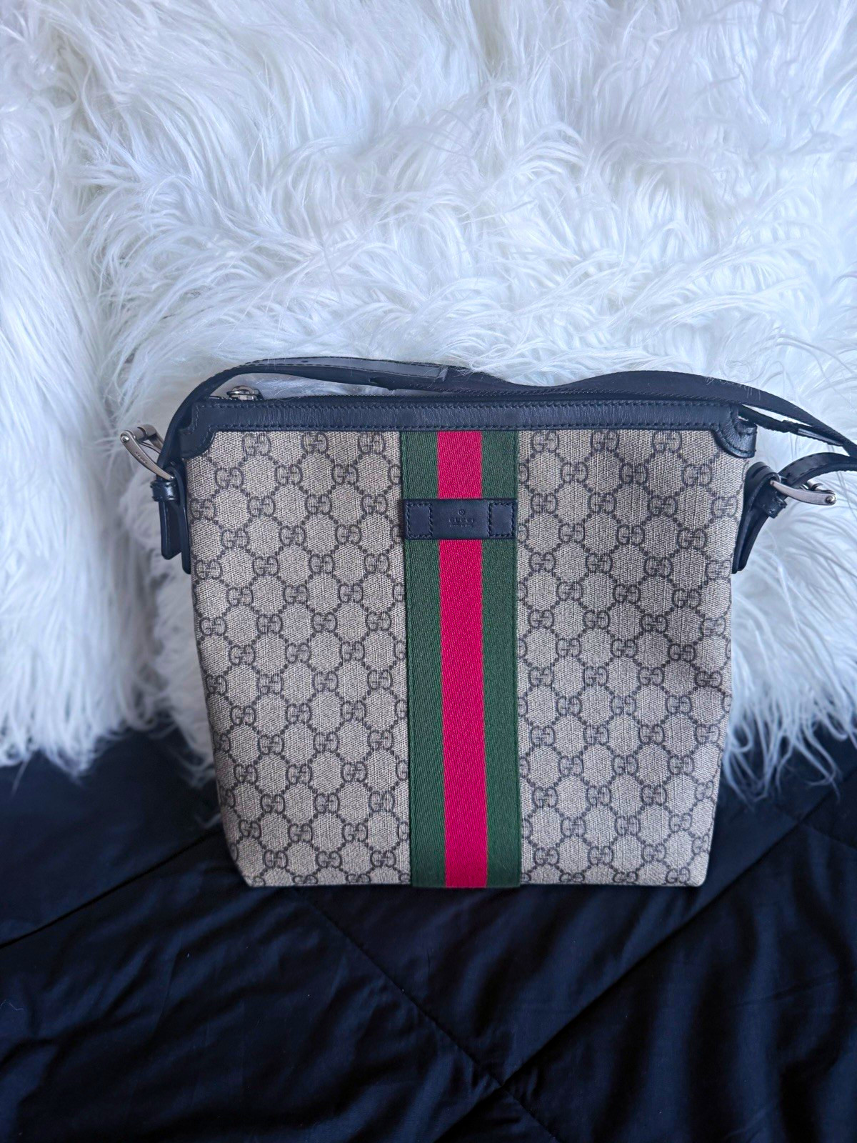 Gucci GG Pattern Web Stripe Zip Crossbody Bag Adjustable Strap Silver HW Gucci GG Pattern Web Stripe Zip Crossbody Bag Adjustable Strap Silver HW