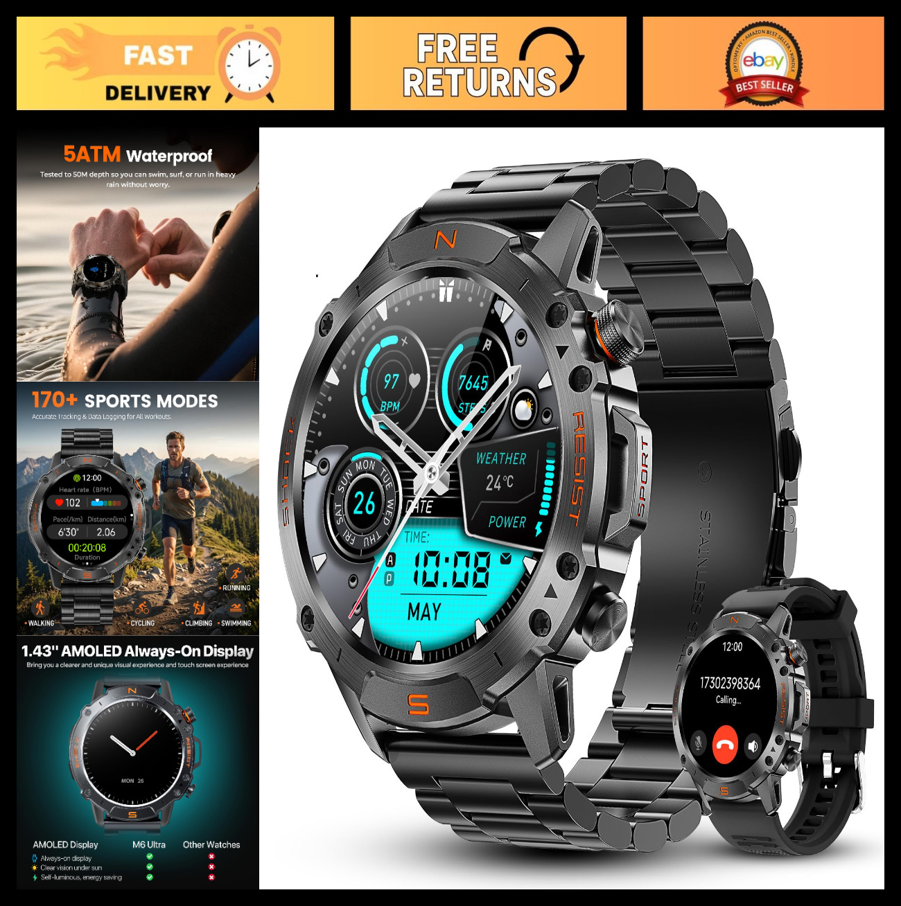 Rugged Waterproof Smart Watch for Men, 170+ Sports Modes, 1.43\