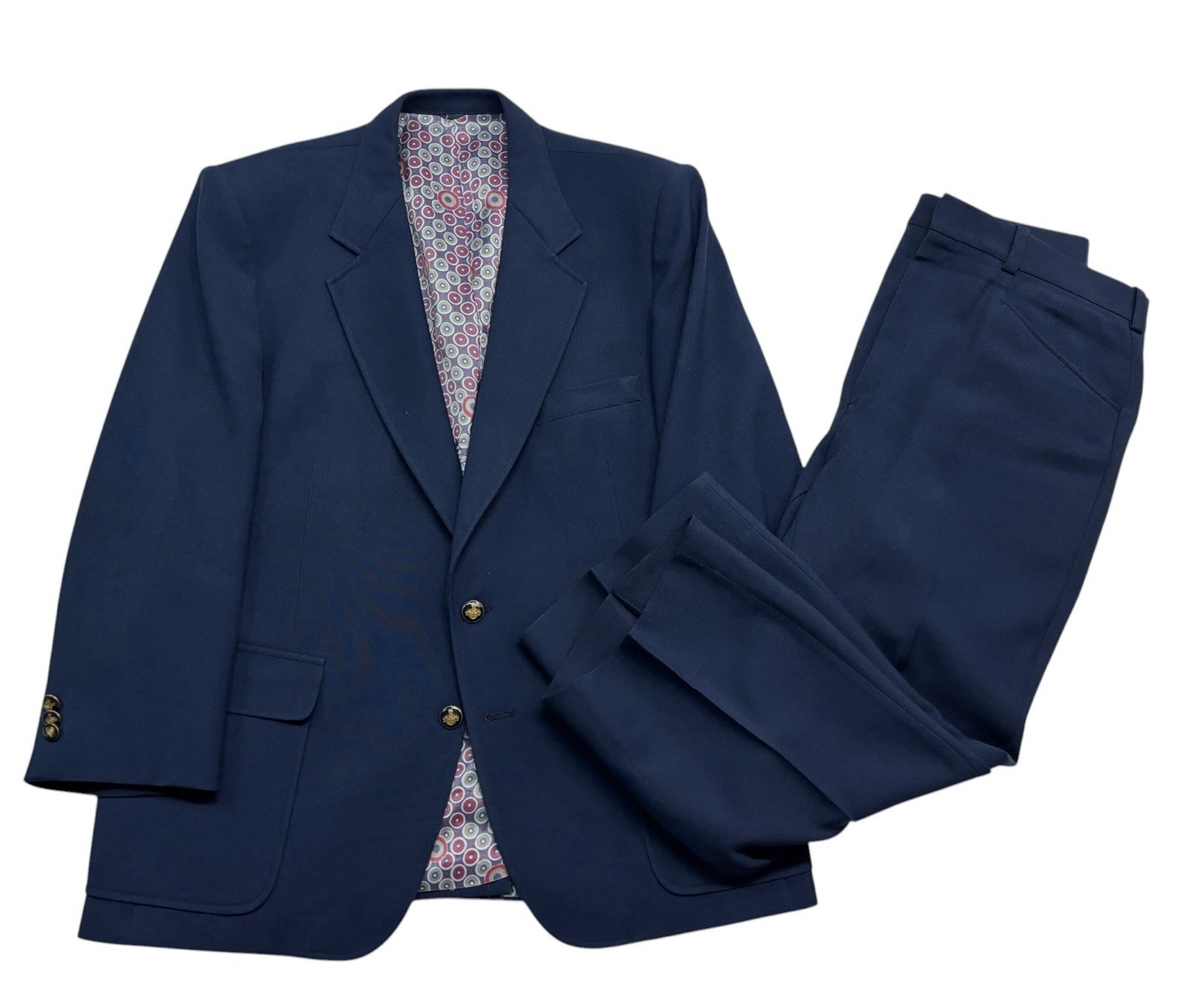 vtg 1980s 42S 36 Extra Short Navy 2pc Pant Suit The Knack Polyester Knit USA