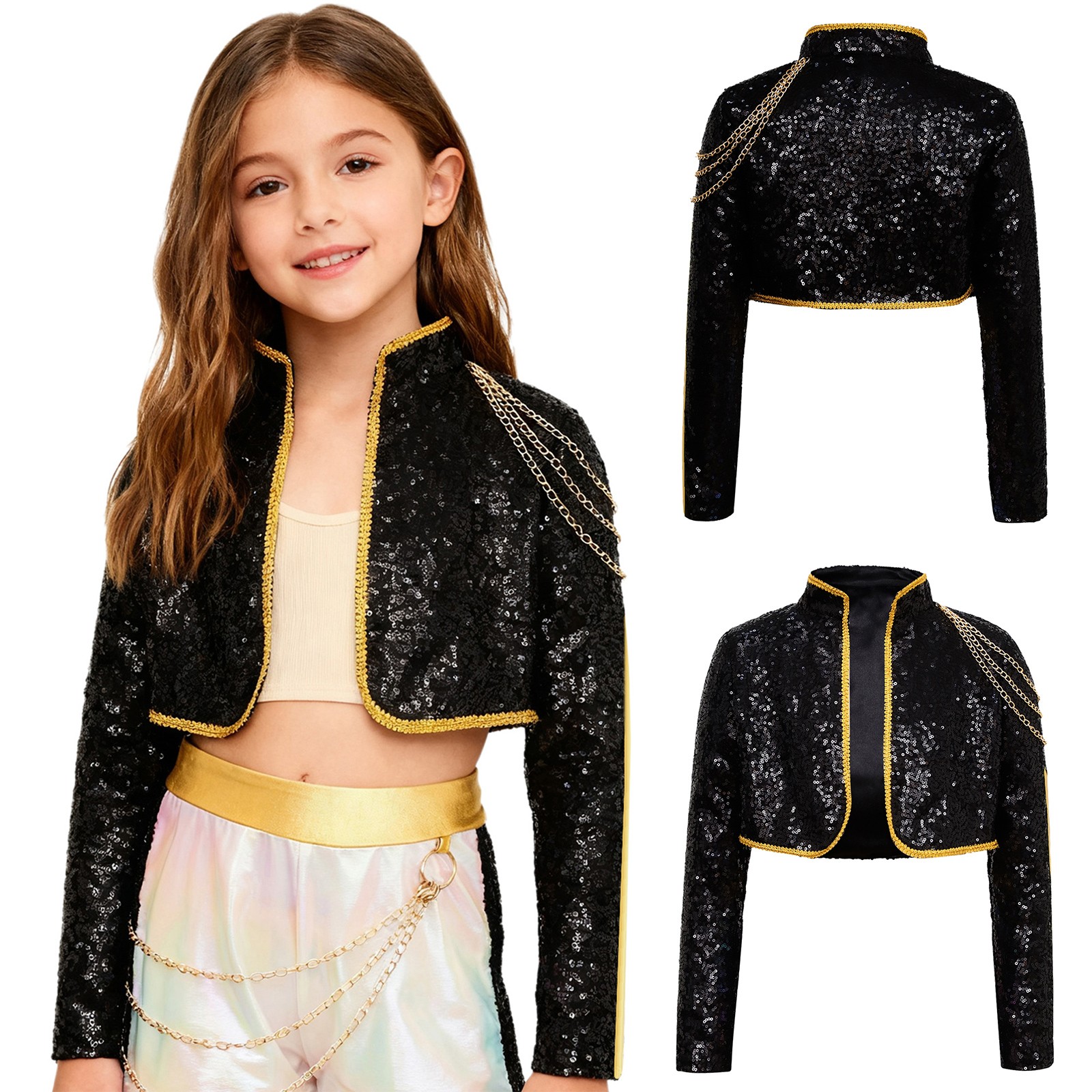 US Kids Girls Jacket Tops Singer Cosplay Costume Shiny Sequins Party Outerwear 