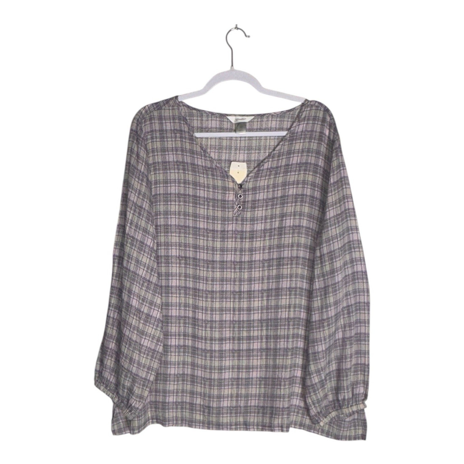 CJ Banks Womens Plus Size Plaid Peasant Blouse Lavender Long Sleeve Henley Sz 2X