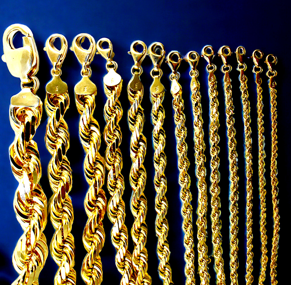 14K Yellow Gold SOLID Rope Chain Necklace Diamond Cut Real Gold 1mm-12mm 16
