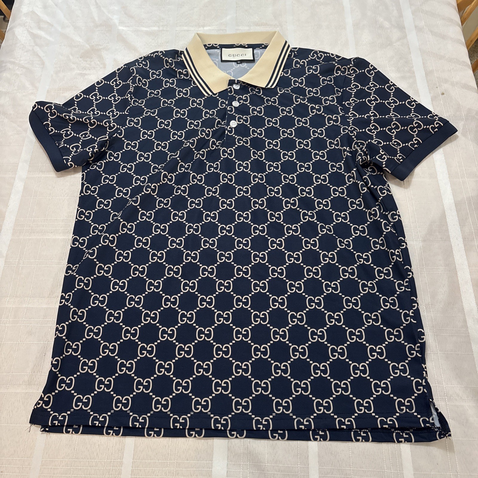 Gucci GG Cotton Polo Shirt Navy Blue Beige Collar Size XL Casual Gucci GG Cotton Polo Shirt Navy Blue Beige Collar Size XL Casual
