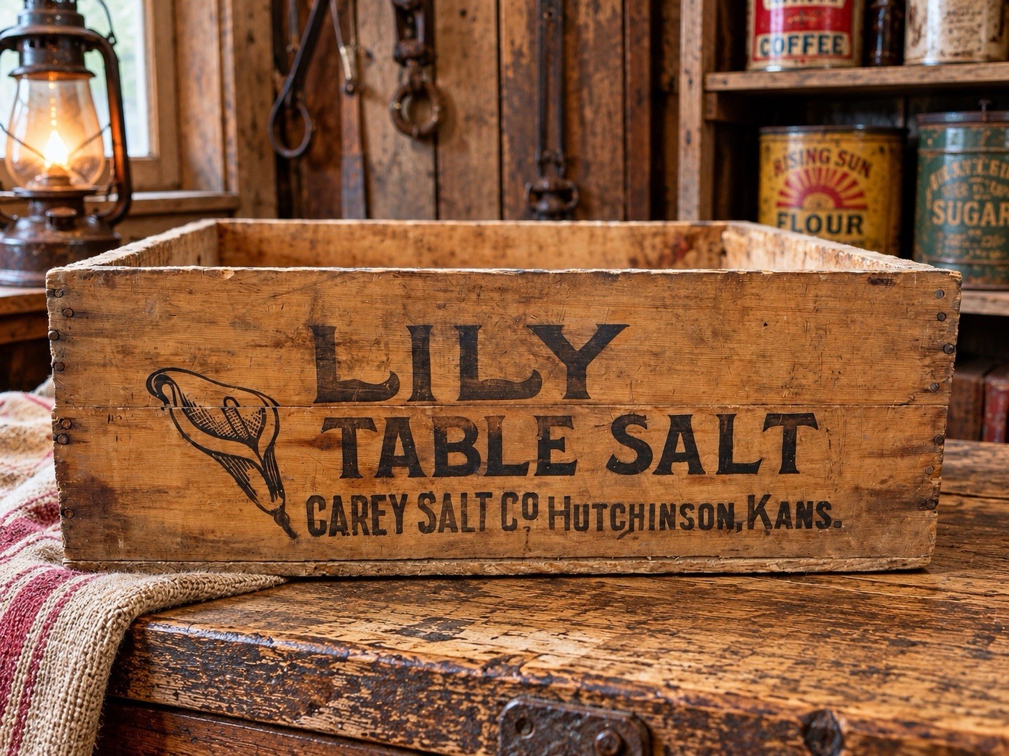 ANTIQUE LILY TABLE SALT, HUTCHINSON, KANSAS WOODEN CRATE WOOD BOX ADVERTISING ANTIQUE LILY TABLE SALT, HUTCHINSON, KANSAS WOODEN CRATE WOOD BOX ADVERTISING