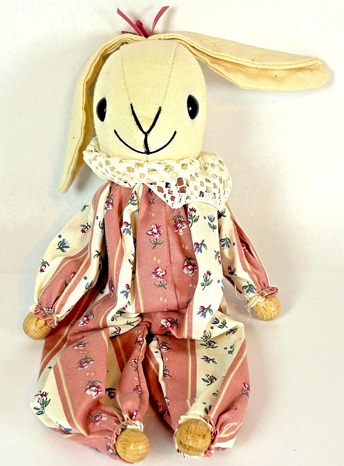 Vintage Folk Art Bunny Doll Wood Face Hands Feet Floral Dress Easter 9\
