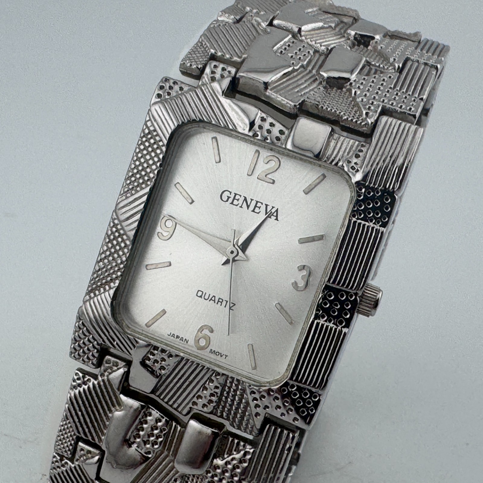 Vintage Geneva Quartz Watch Men Silver Nugget Rectangle Diamonds New Battery 8\