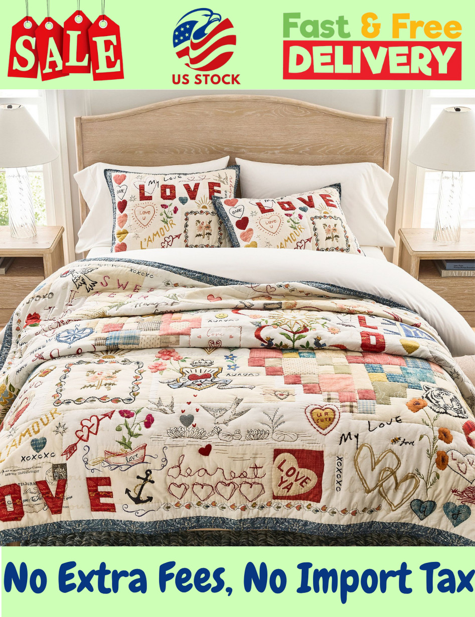 Pottery Barn Devin Embroidered Love Quilt, US Stock, No Import Fees