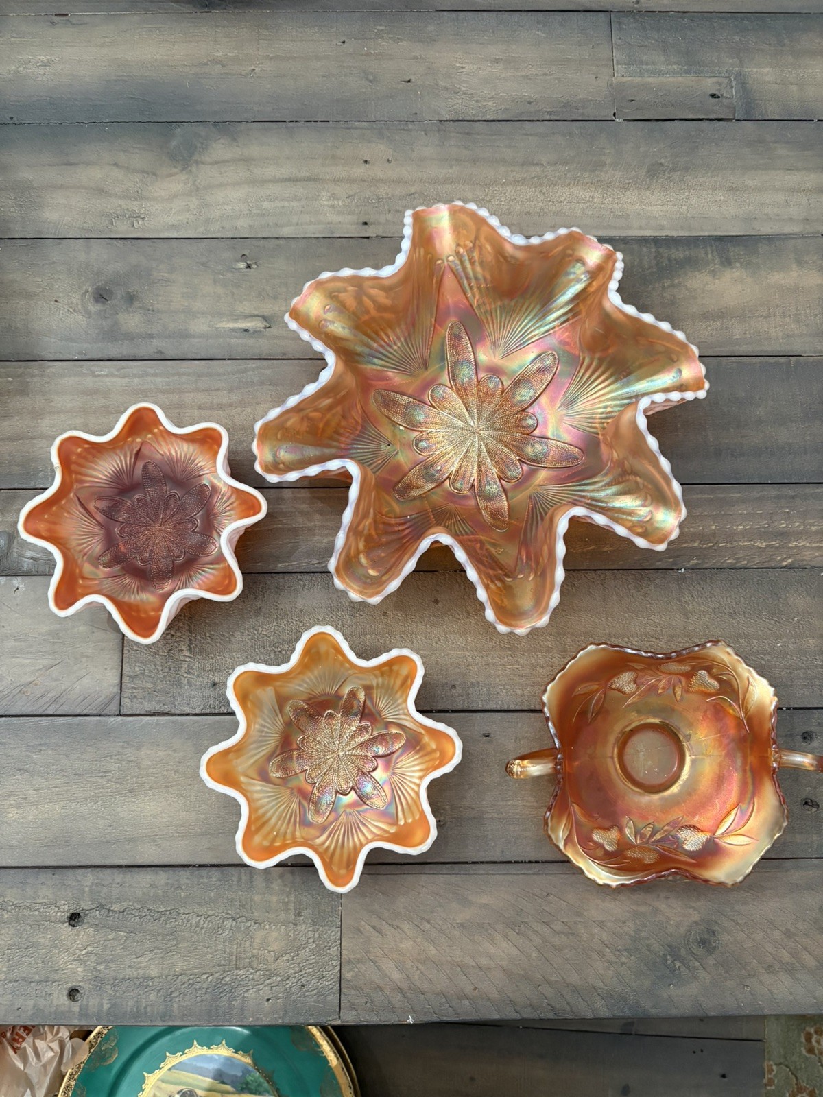 Antique Dugan Peach Opal Petal & Fan Carnival Glass + Fenton Strawberry Bon Bon Antique Dugan Peach Opal Petal & Fan Carnival Glass + Fenton Strawberry Bon Bon