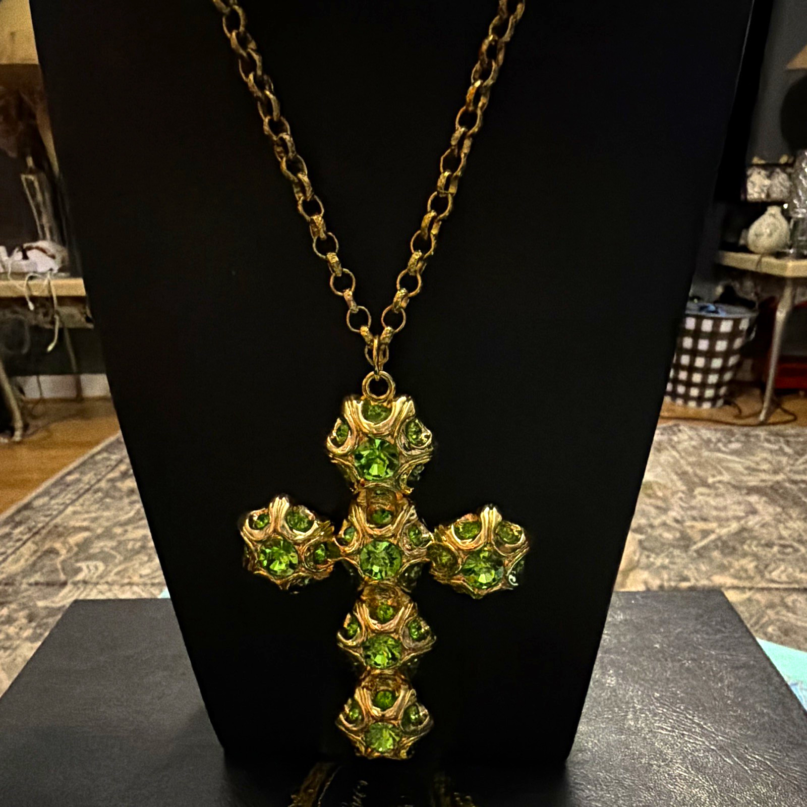 Catwalk Jon Gold Tone Cable Chain Necklace w/ Green Crystal Cross Charm, Adj Catwalk Jon Gold Tone Cable Chain Necklace w/ Green Crystal Cross Charm, Adj