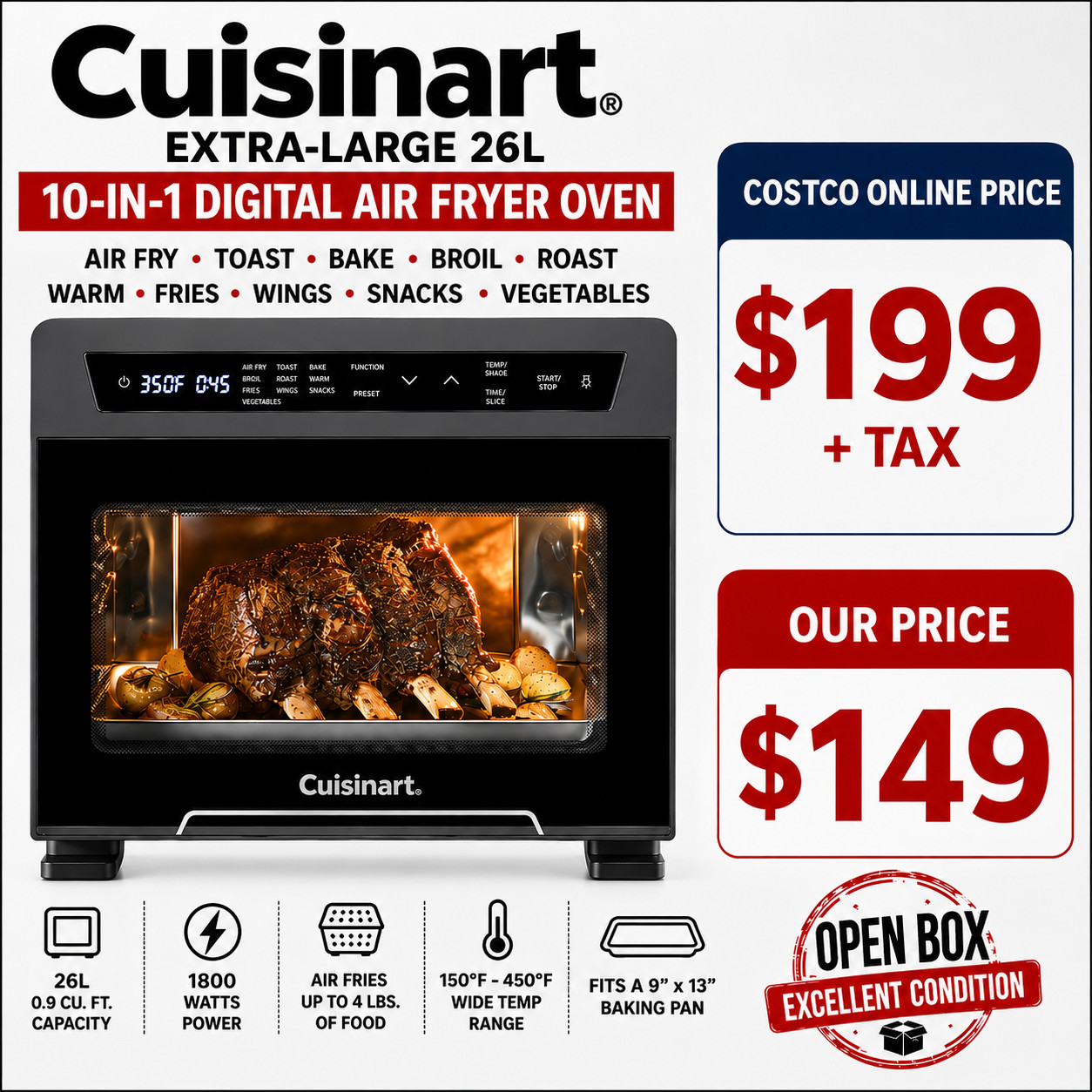 Cuisinart 10-in-1 Air Fryer Toaster Oven 26L X-Large Digital TOA-110 OPEN BOX