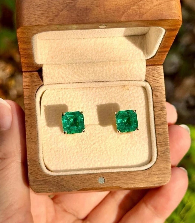 14k Solid Yellow Gold Genuine 7MM Natural Zambia Emerald Stud Emerald Earrings 