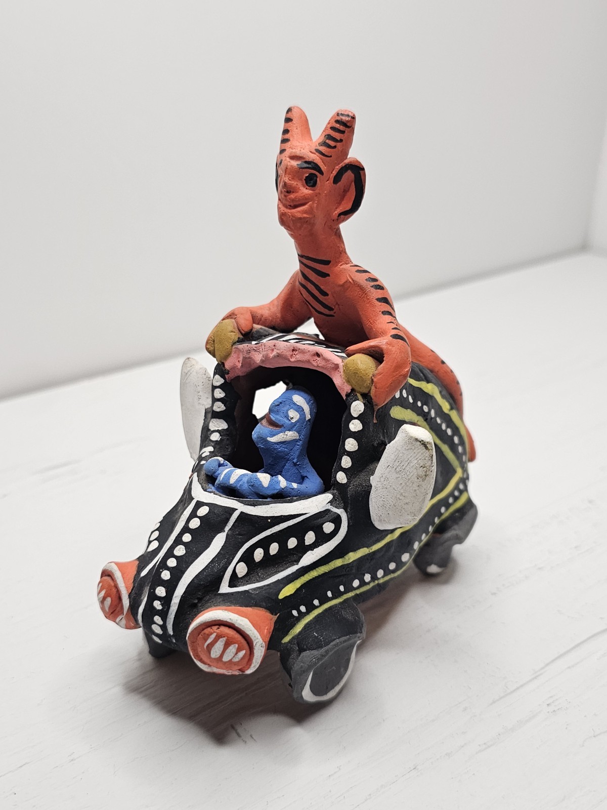Vintage Ceramic Devil On Buggy Beetle VW Car Hand Painted Mexico Cool FOLK ART