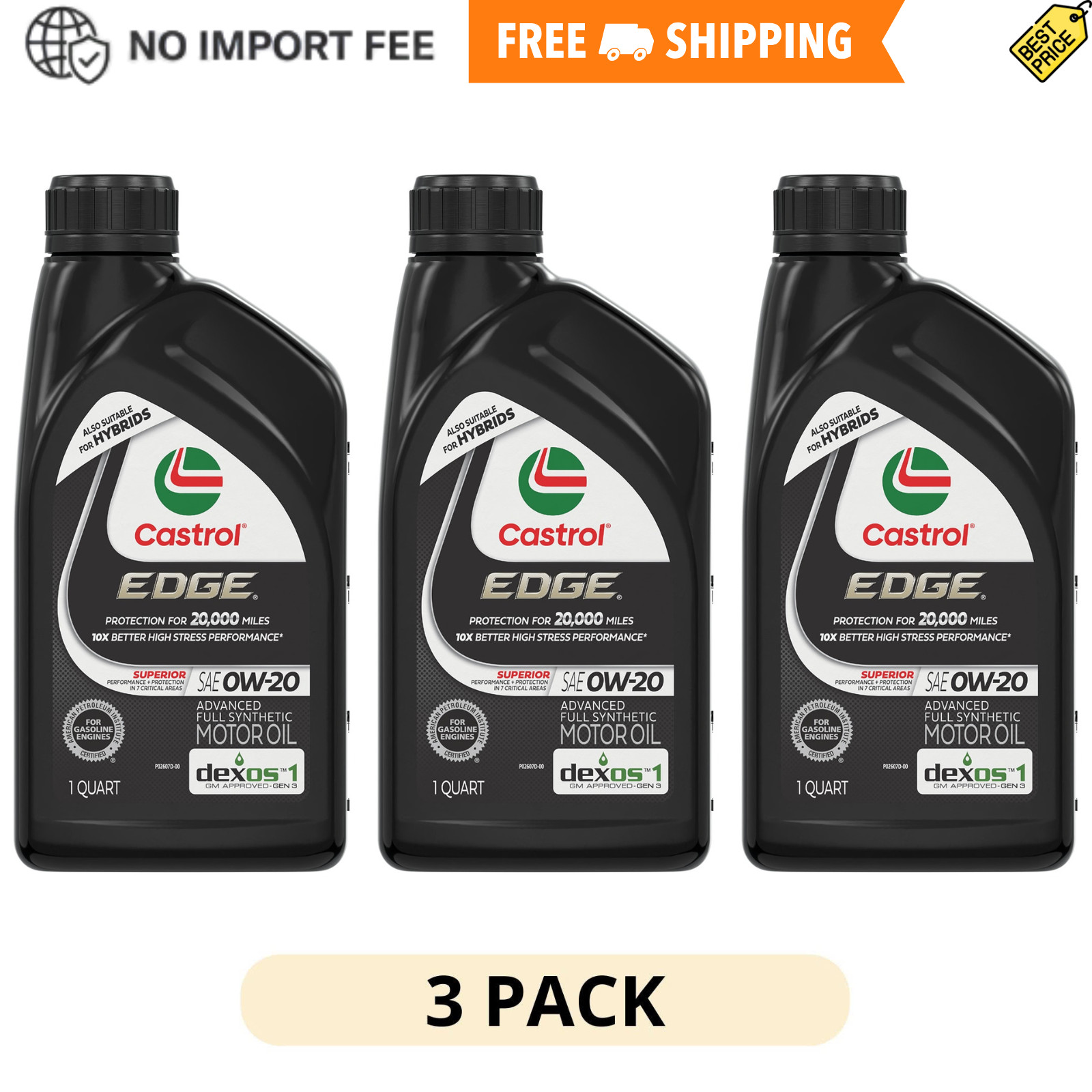 3 Pack CASTROL EDGE 0W-20 Advanced Full Synthetic Motor Oil 1 Quart Engine