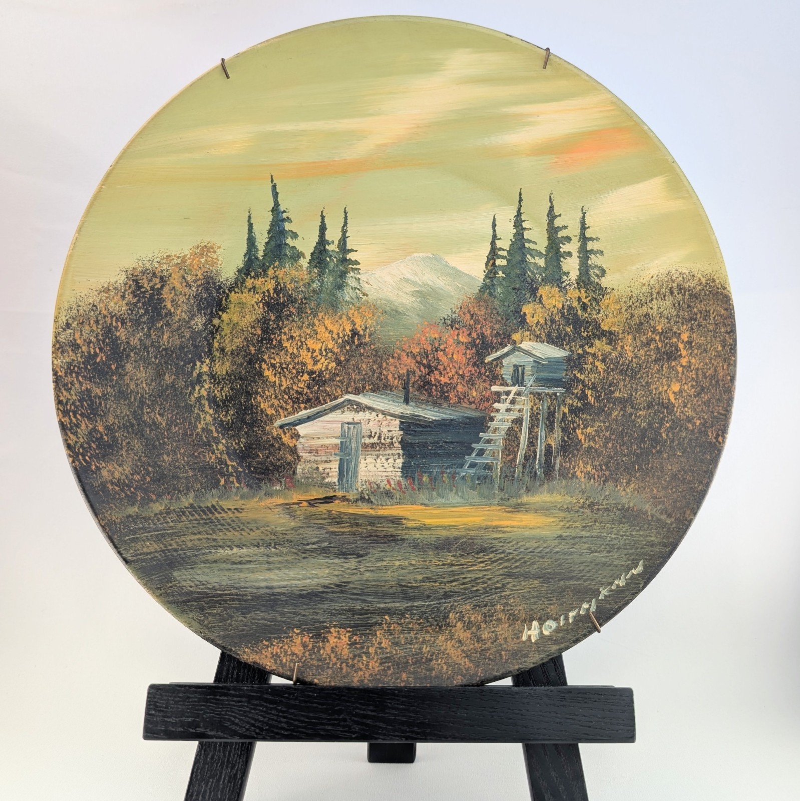 Vintage Judy Holtman Hand Painted Gold Mining Pan Mountain Cabin Folk Art