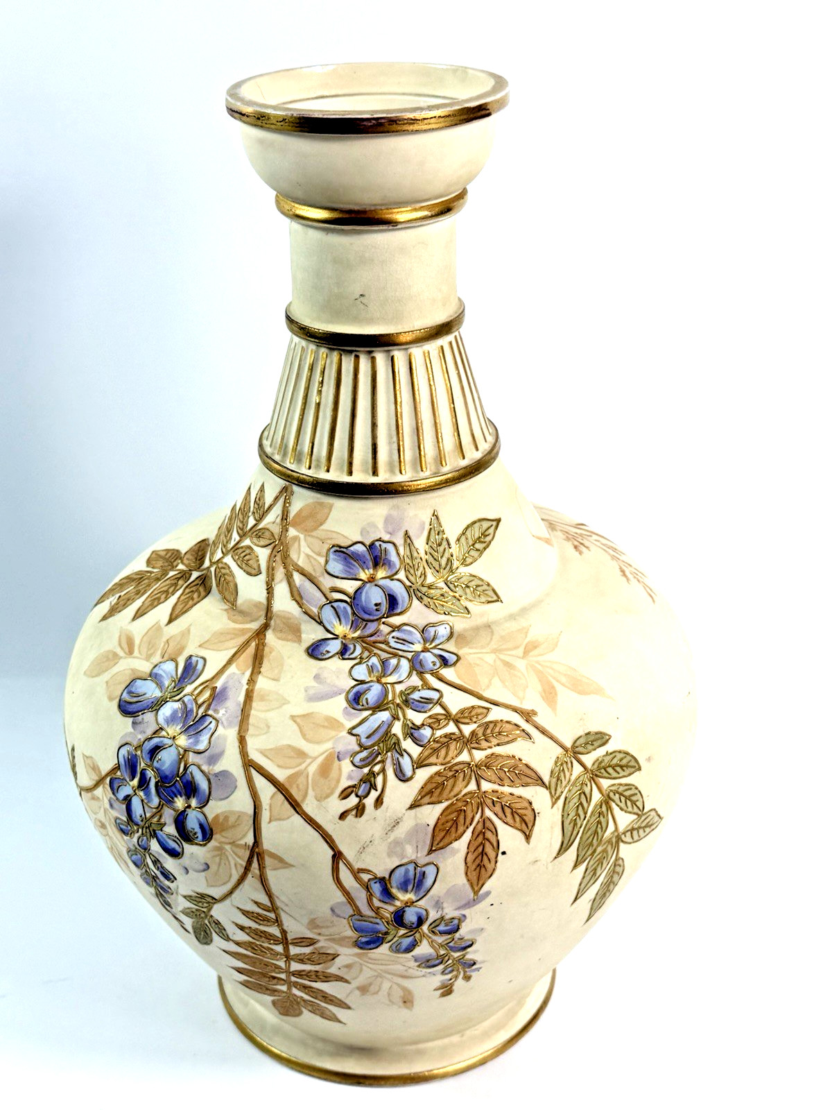 Antique c1900 Teplitz Austrian Art Pottery Vase Blue Floral Gold Gilt 13\