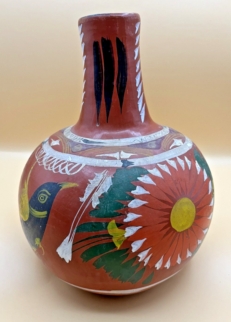 Vintage Mexican Pottery Vase Hand Painted Redware Folk Art Bird Floral 11in Tall