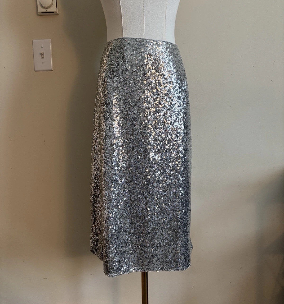 NWT Anna Kaci Cocktail Party Skirt Silver Sequins Lined Pull On Stretch XL NWT Anna Kaci Cocktail Party Skirt Silver Sequins Lined Pull On Stretch XL
