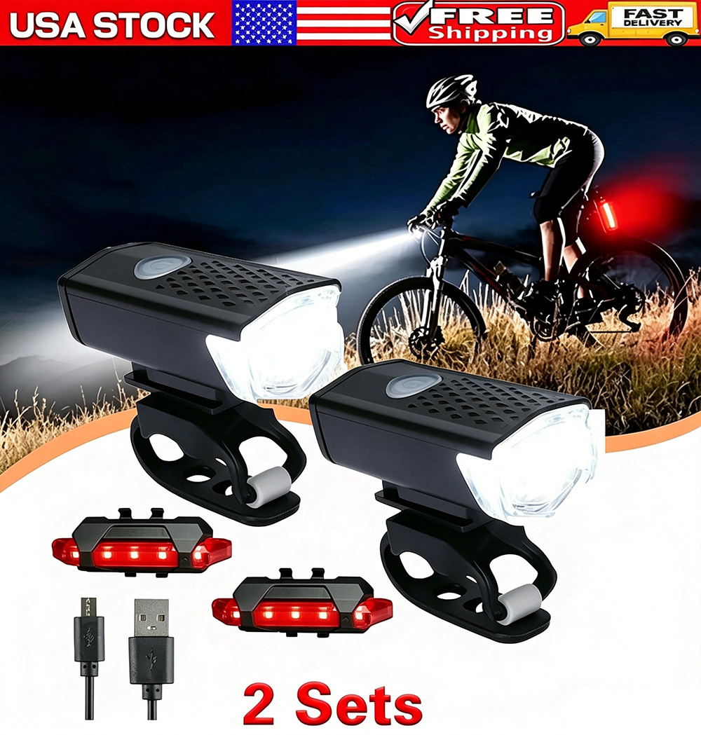 2 Sets USB Rechargeable LED Bicycle Headlight Bike Front Rear Lamp Cycling 2 Sets USB Rechargeable LED Bicycle Headlight Bike Front Rear Lamp Cycling