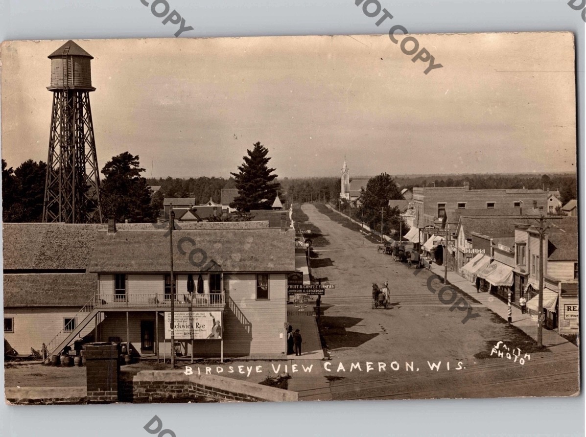 c1915 Birds Eye Street View CAMERON Wisconsin WI Barron County RPPC Real Photo