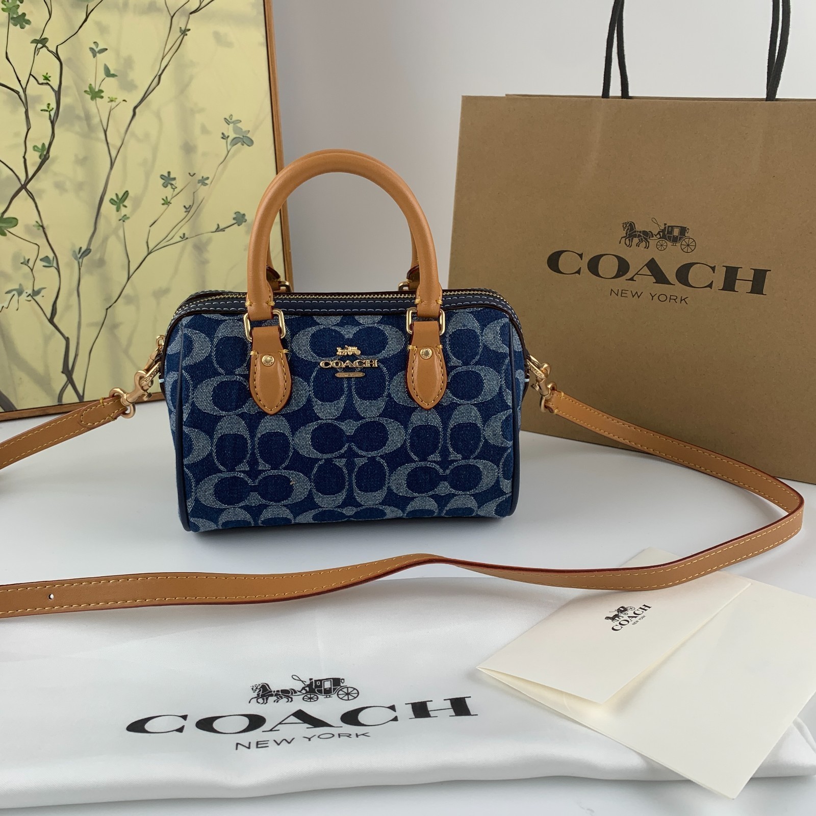 COACH CY742 Mini Rowan Satchel Bag Signature Canvas Blue Brown Outlet New