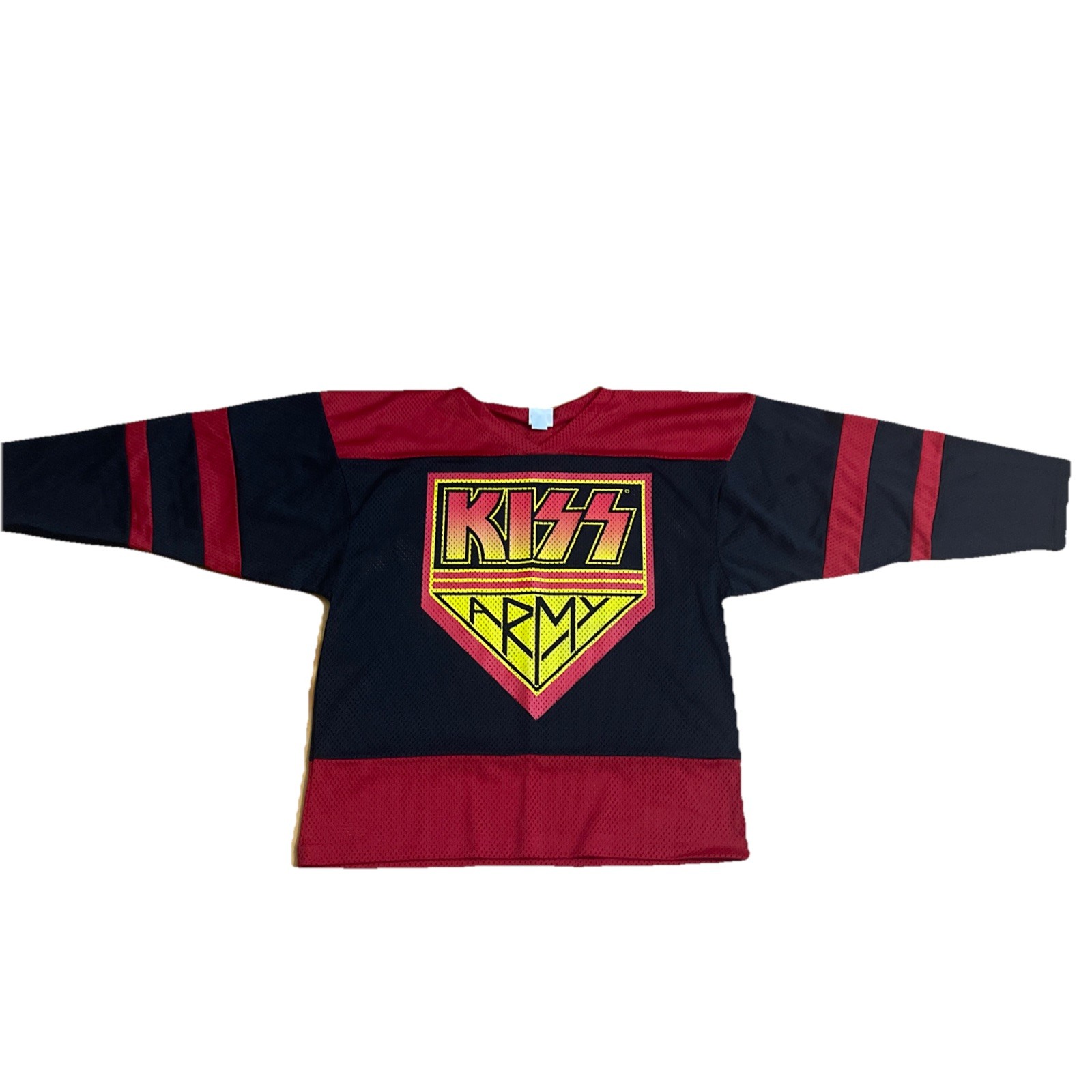 Vintage KISS Army Hockey Jersey,  Red, Black, Yellow Band Shirt, 1998, XL