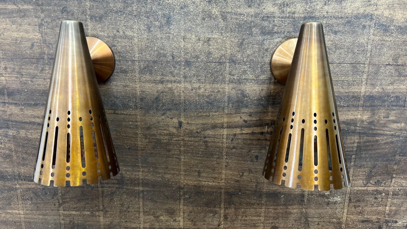 Vintage Brass Cone Wall Sconce Pair - Mid Century Modern Perforated lamps Vintage Brass Cone Wall Sconce Pair - Mid Century Modern Perforated lamps