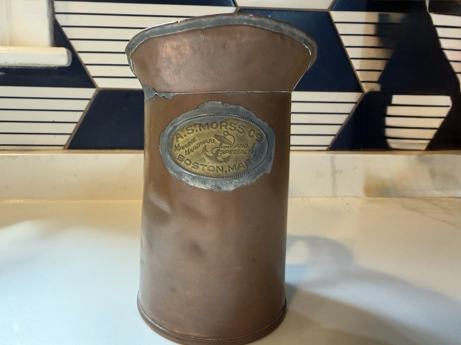 Antique AS Morss Co Boston Copper Marine Pitcher Pint Nautical Ship Anchor