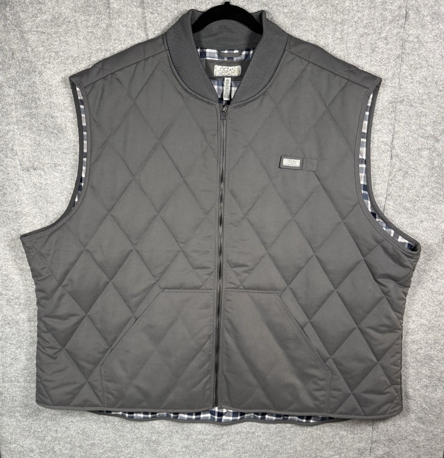 Ocean + Coast Men’s 4X Quilted Vest, Gray Plaid Lined,  Full Zip NWT, Big & Tall