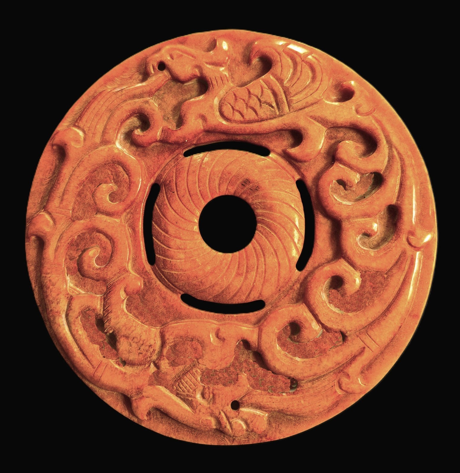 Large Six-Inch Round Chinese Carved Jade Yubi Bi Dragon and Phoenix Statue Large Six-Inch Round Chinese Carved Jade Yubi Bi Dragon and Phoenix Statue