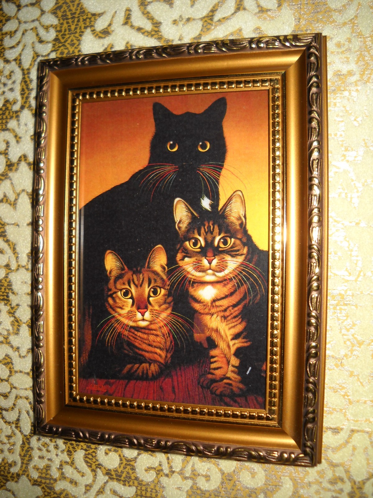 THREE CATS A CROWD 4 X 6 gold framed animal picture Vintage style wall art print