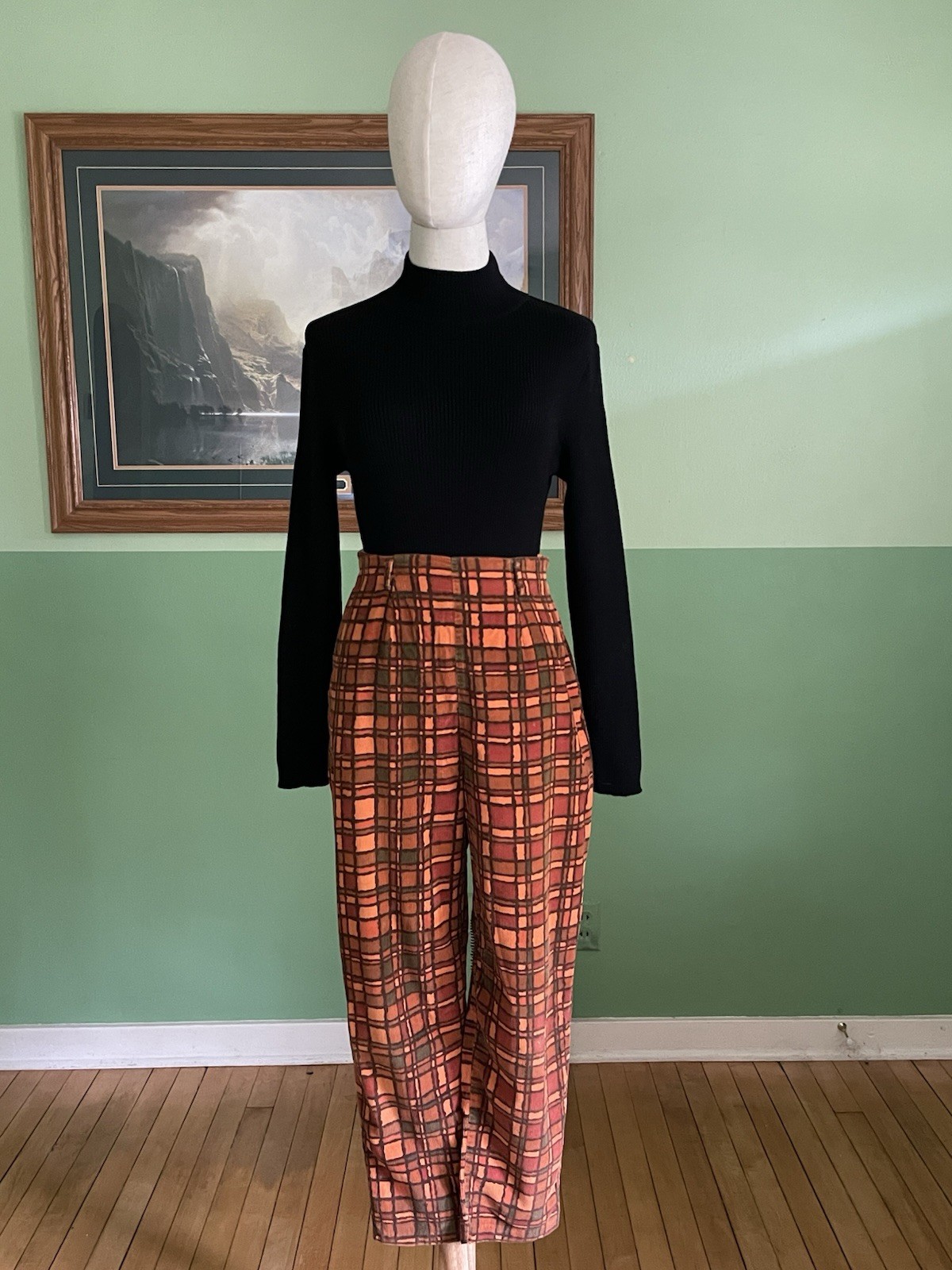 VTG 50s Autumnal Rust Orange Moss Green Plaid Corduroy Crop Pants Wide Leg Check
