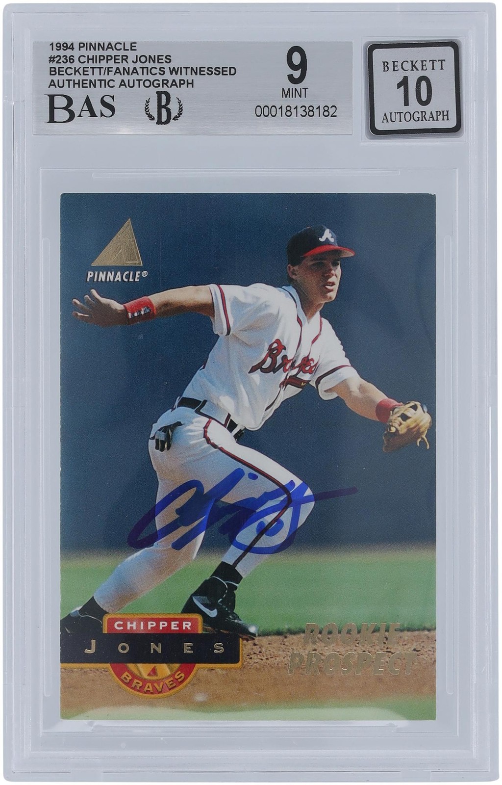 Chipper Jones Atlanta Braves Signed 1994 Pinnacle #236 BAS 9/10 Rookie Card