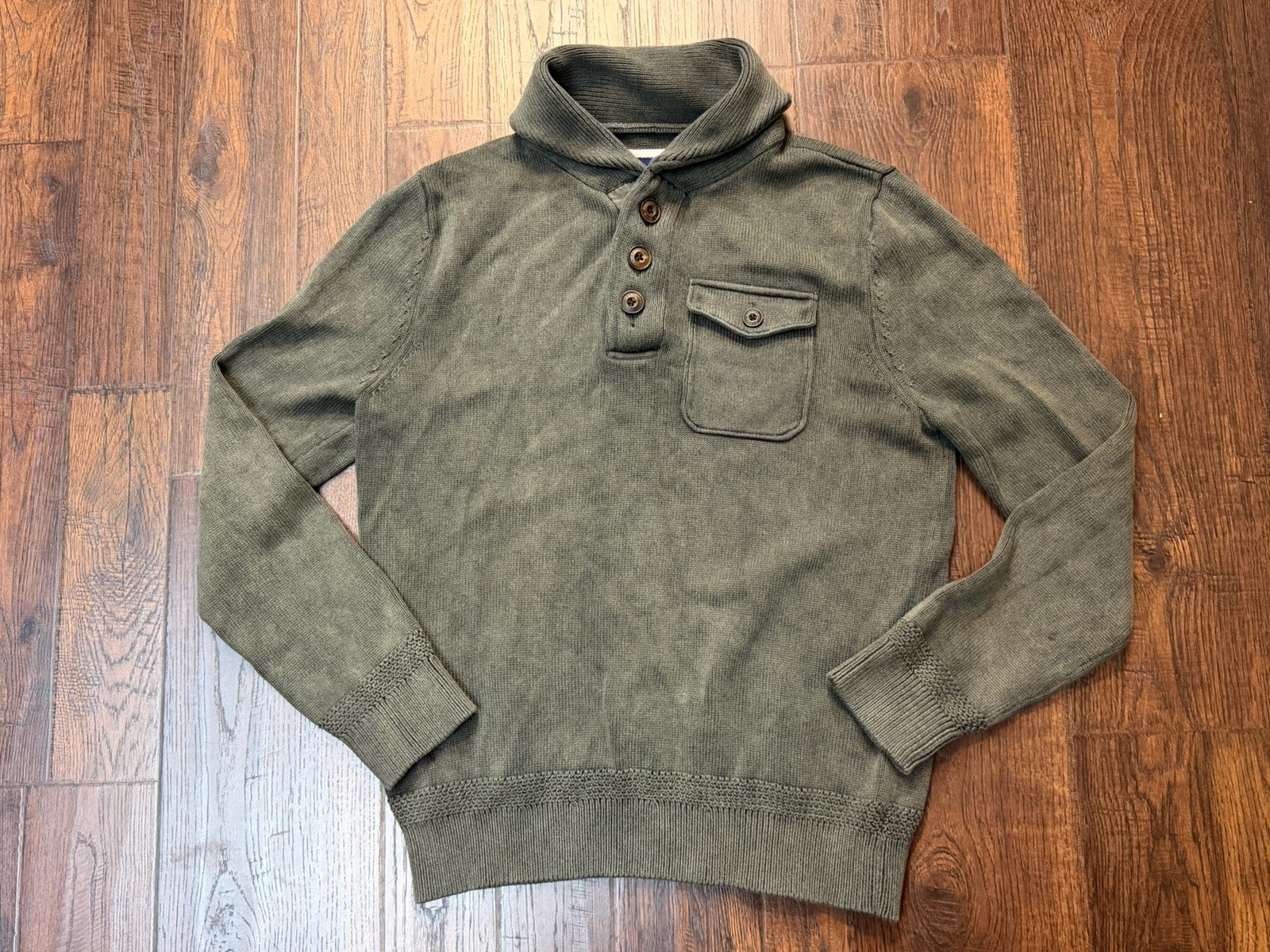 VTG Abercrombie & Fitch Knit Shawl Collar Sweater Mens Medium Y2K Olive Cotton