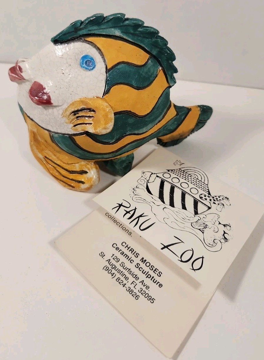 RARE Vtg Chris Moses Raku Zoo Pottery Colorful Handmade Fish Whistle Signed Card RARE Vtg Chris Moses Raku Zoo Pottery Colorful Handmade Fish Whistle Signed Card