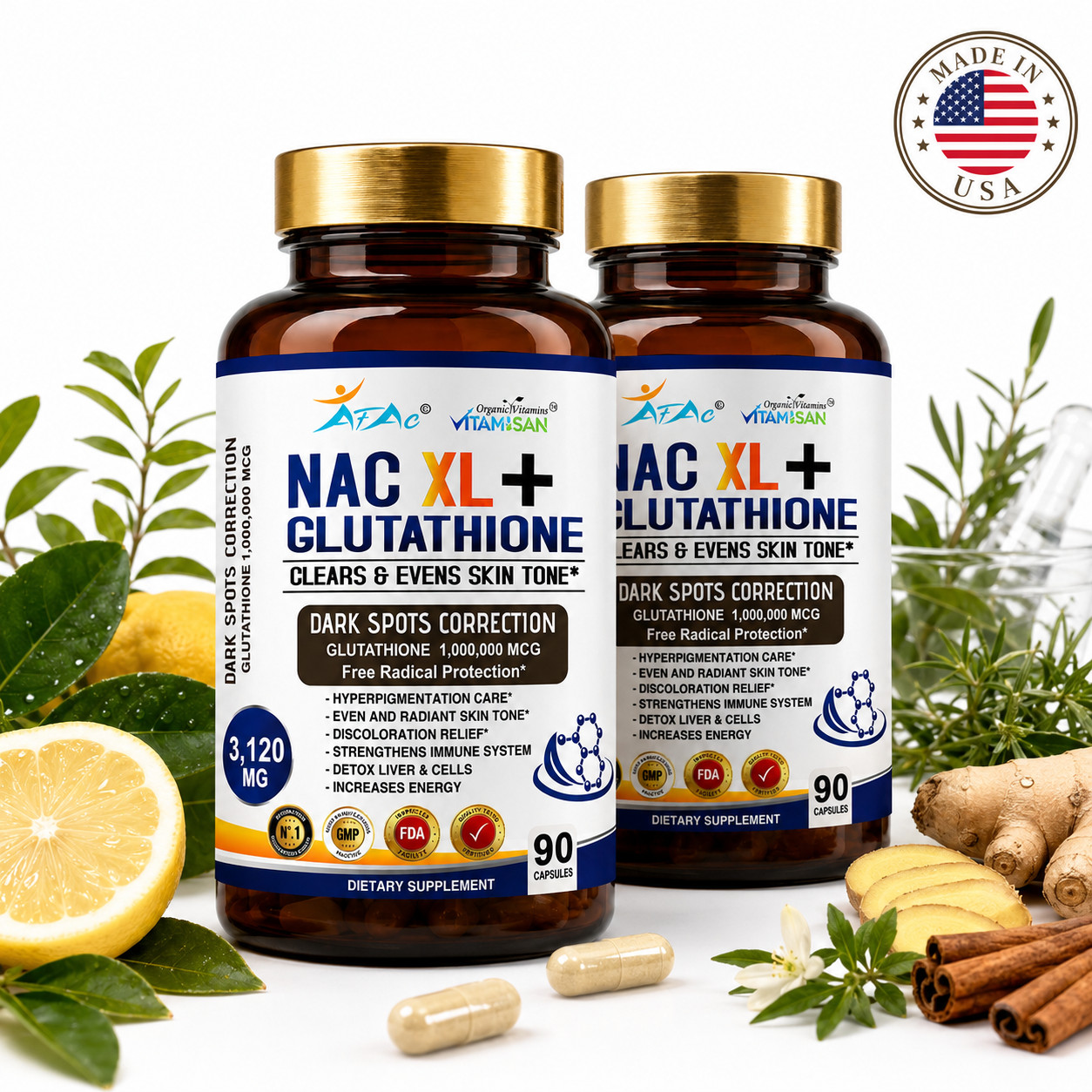 N-Acetyl L-Cysteine ( NAC) 180 C Gluten free 3120Mg 2 bottles Non GMO Skin Glow
